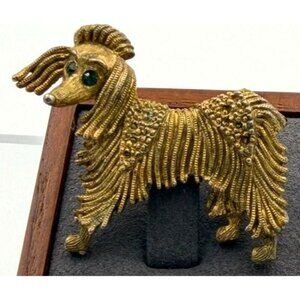 Vintage Dog Brooch Gold Tone Long Hair Poodle Green Eyes Figural 1 5/8”